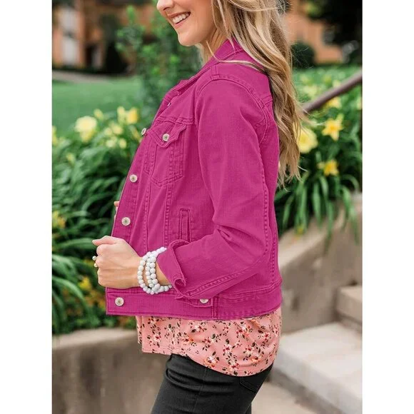 Women's Basic Button Down Stretch Fitted Long Sleeve Denim Jean Jacket Rose Pink - Picture 5 of 7